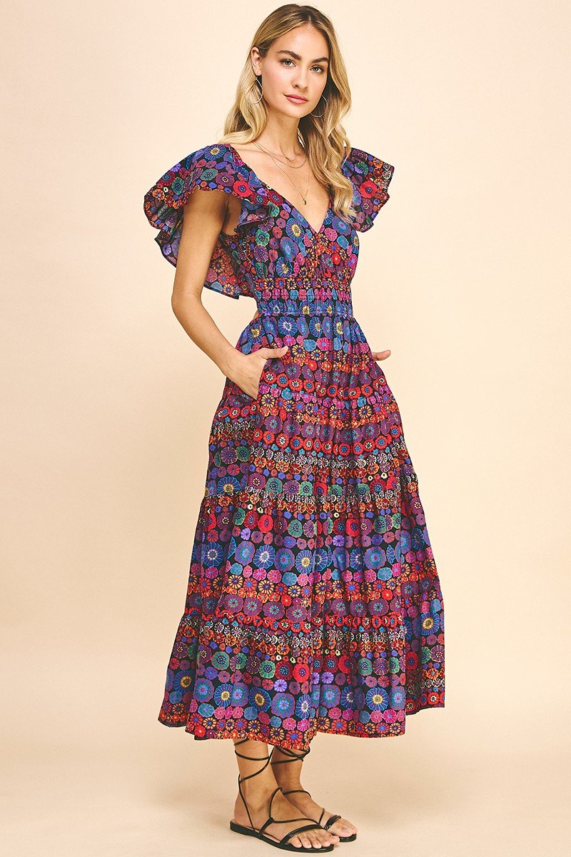 Happy Flowers Dress w/Open-Back Detail from Raggdoll Boutique, trendy coastal style for vacation wardrobe.