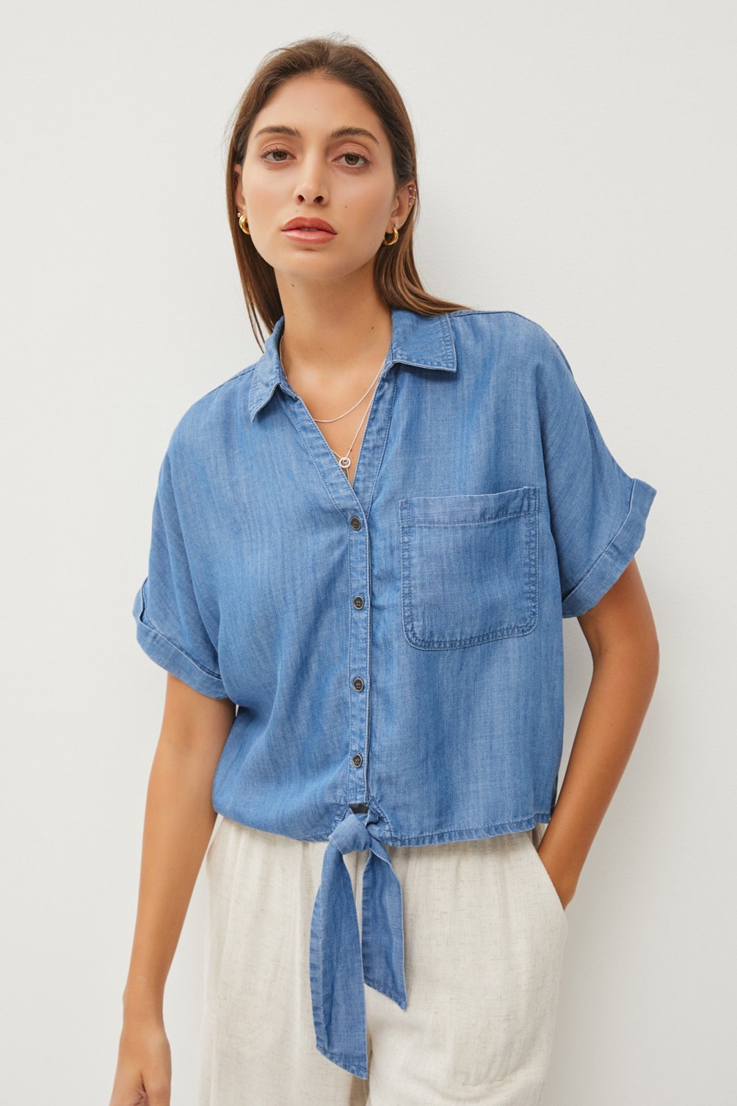 Medium Tencel Denim Tie-Front Top from Raggdoll Boutique, perfect for summer outfits Texas and trendy coastal style.