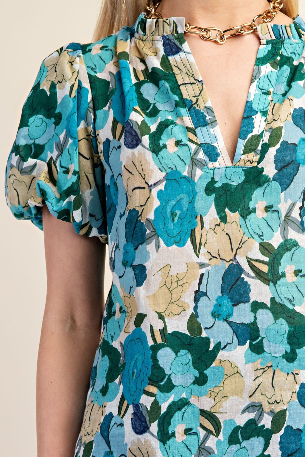 Vicky Plus Floral Top in blue and green floral pattern, a stylish cotton top for women's fashion at Port Aransas boutique.