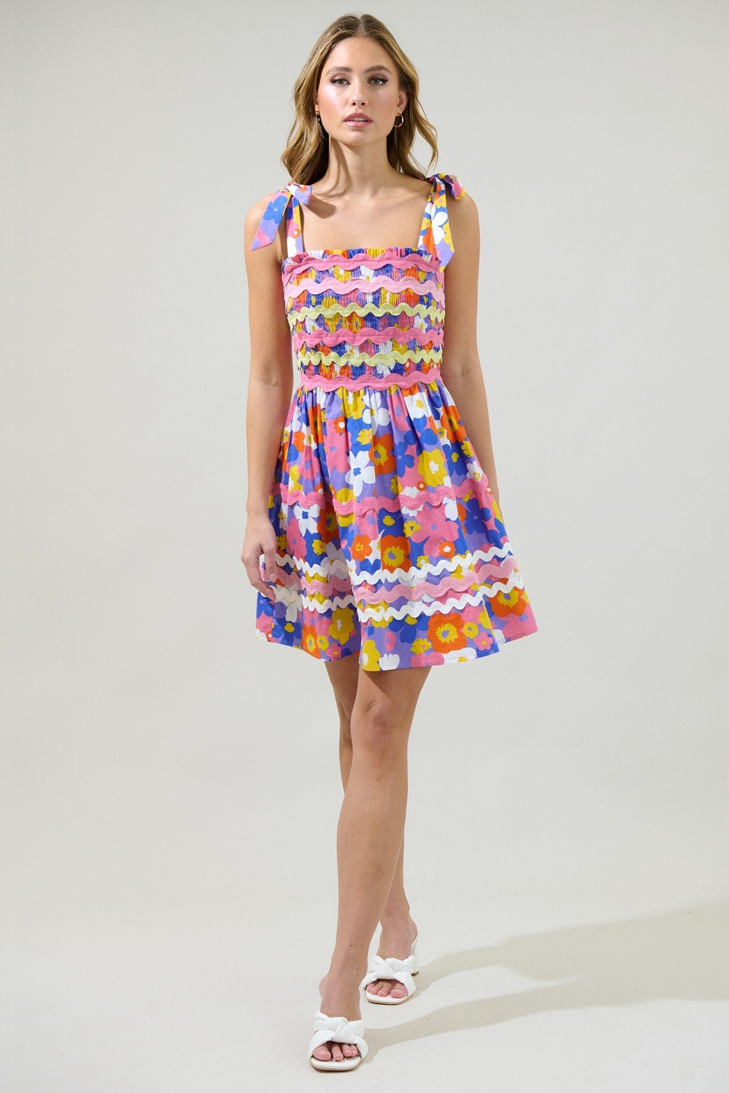 Happy Days Dress in vibrant floral print, perfect for summer outfits at Raggdoll Boutique, Port Aransas boutique.