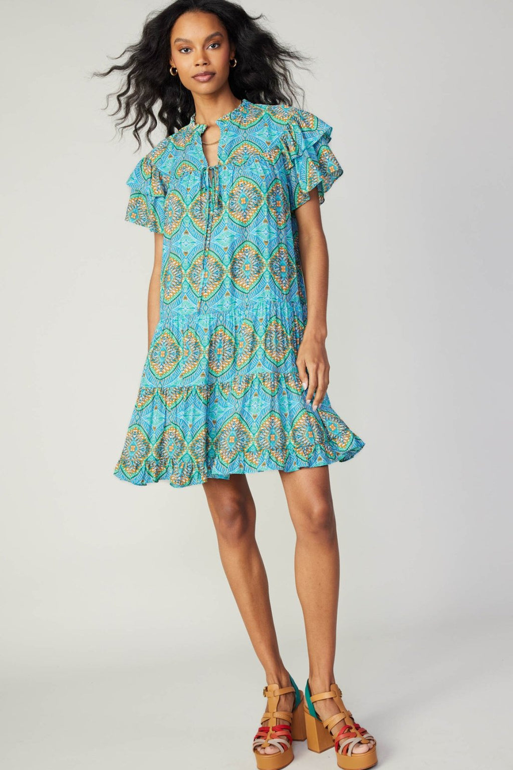 Lydia Dress featuring a vibrant blue pattern, perfect for summer outfits Texas at Raggdoll Boutique.