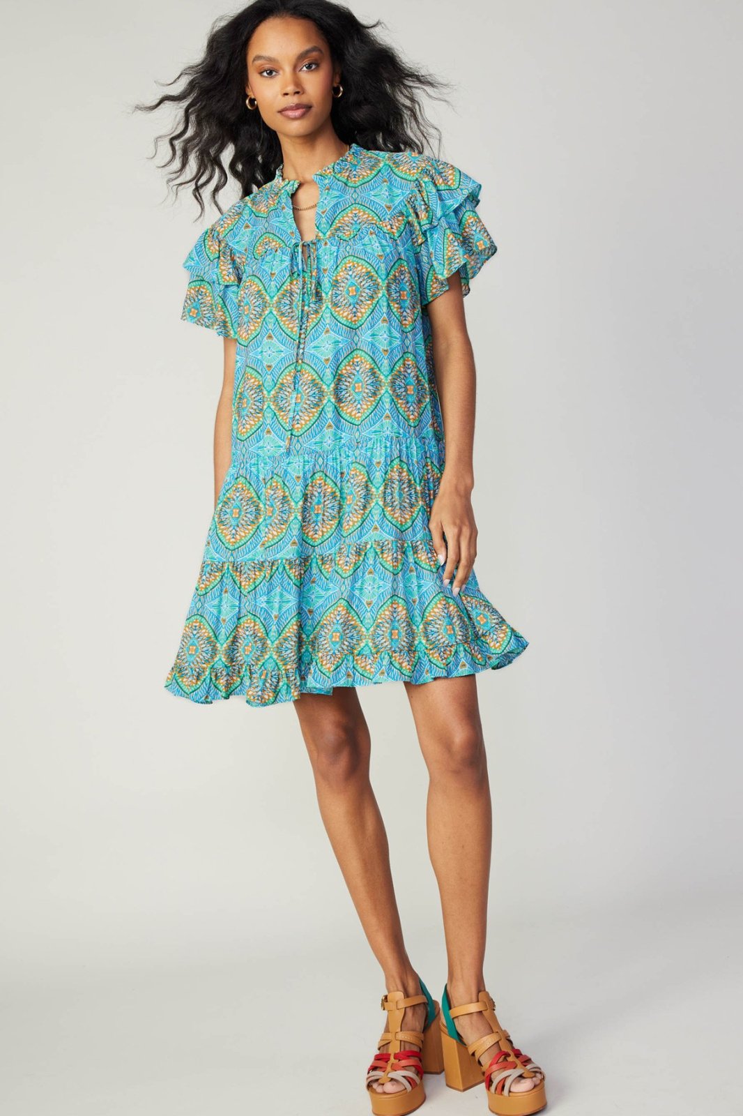 Lydia Dress featuring a vibrant blue pattern, perfect for summer outfits Texas at Raggdoll Boutique.