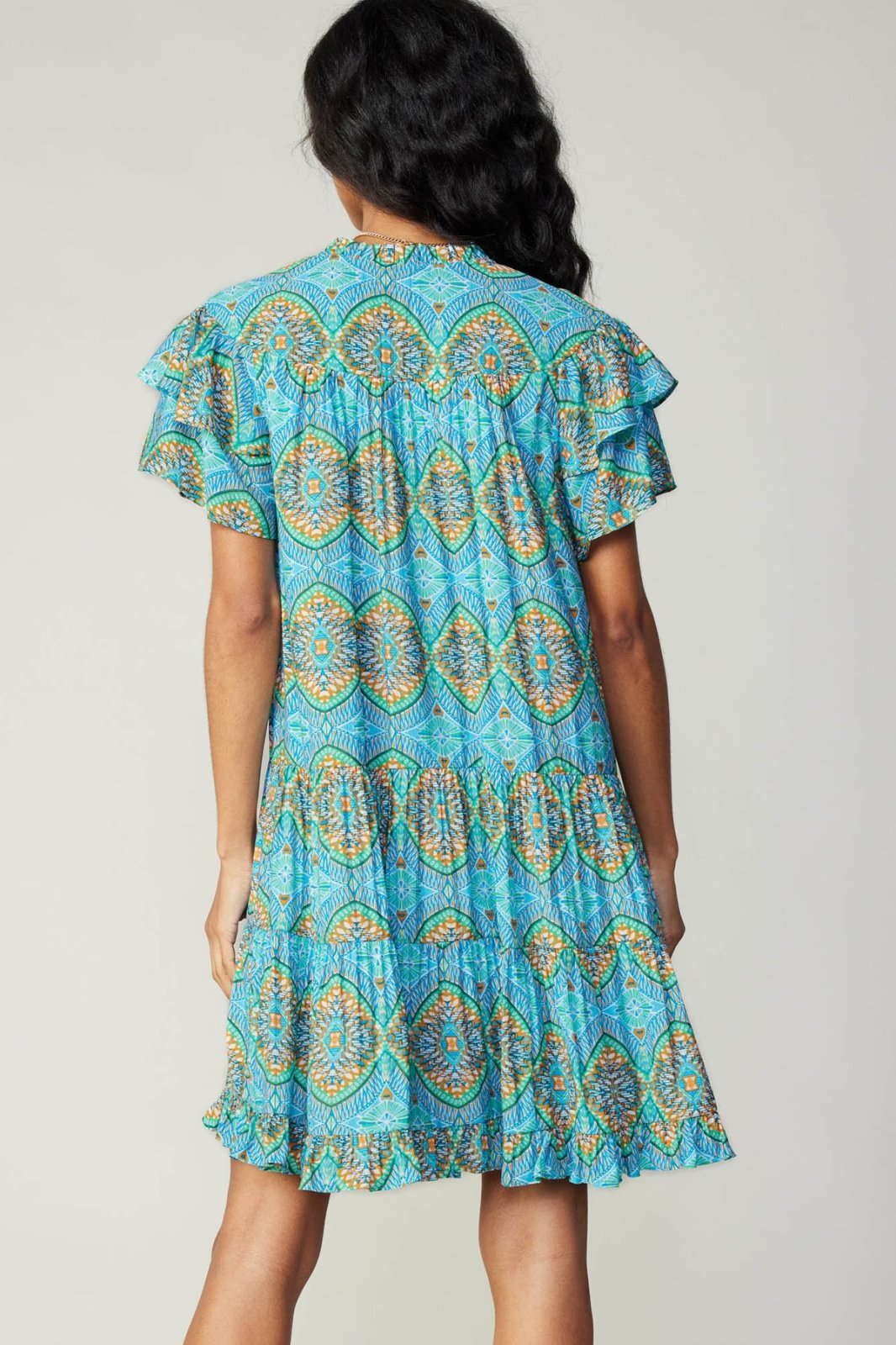 Lydia Dress featuring vibrant blue and patterned fabric, perfect for summer outfits Texas at Raggdoll Boutique.