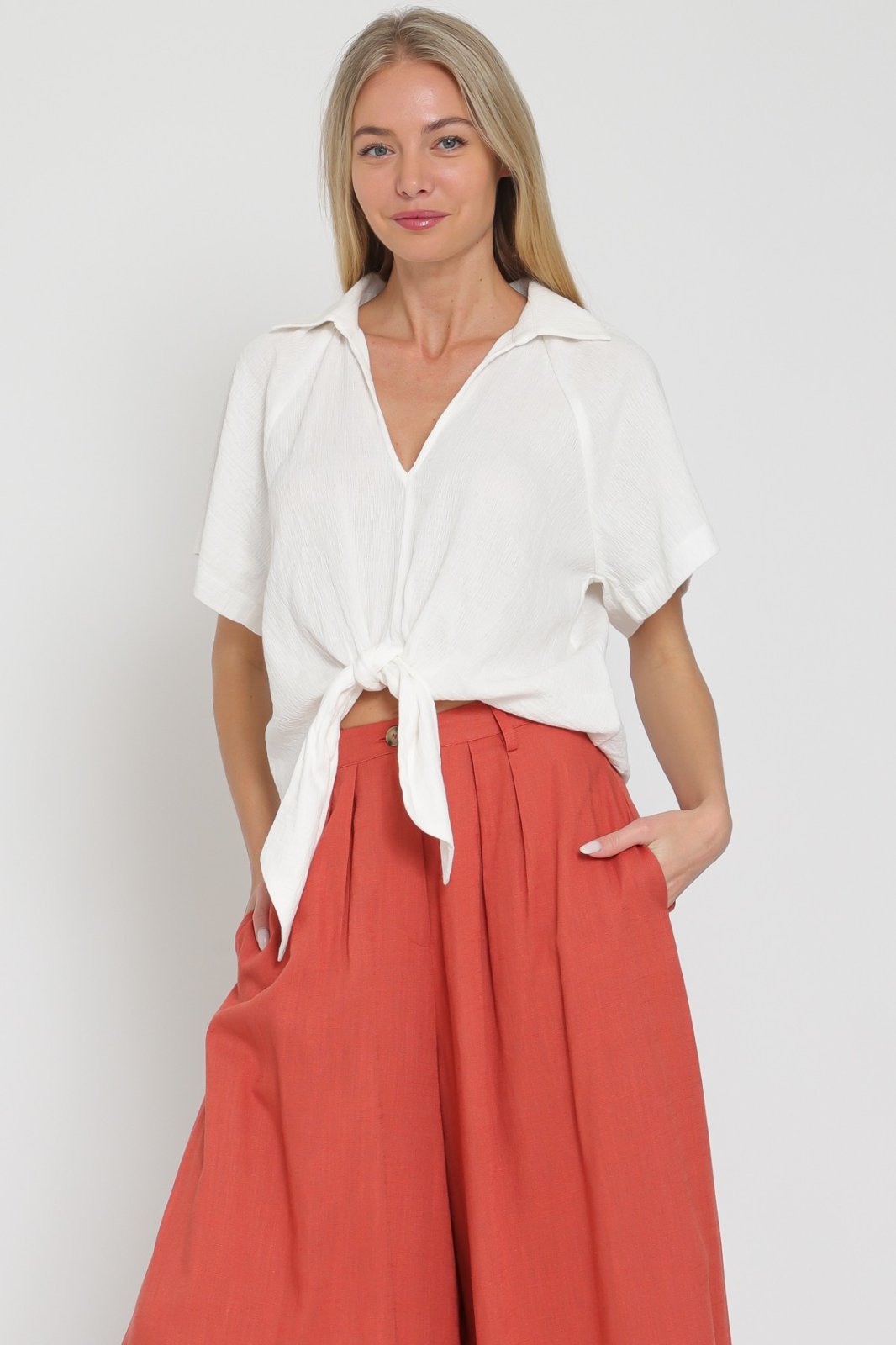 Penny Top featuring 100% cotton, stylish tie-front design, perfect for summer outfits Texas from Raggdoll Boutique.