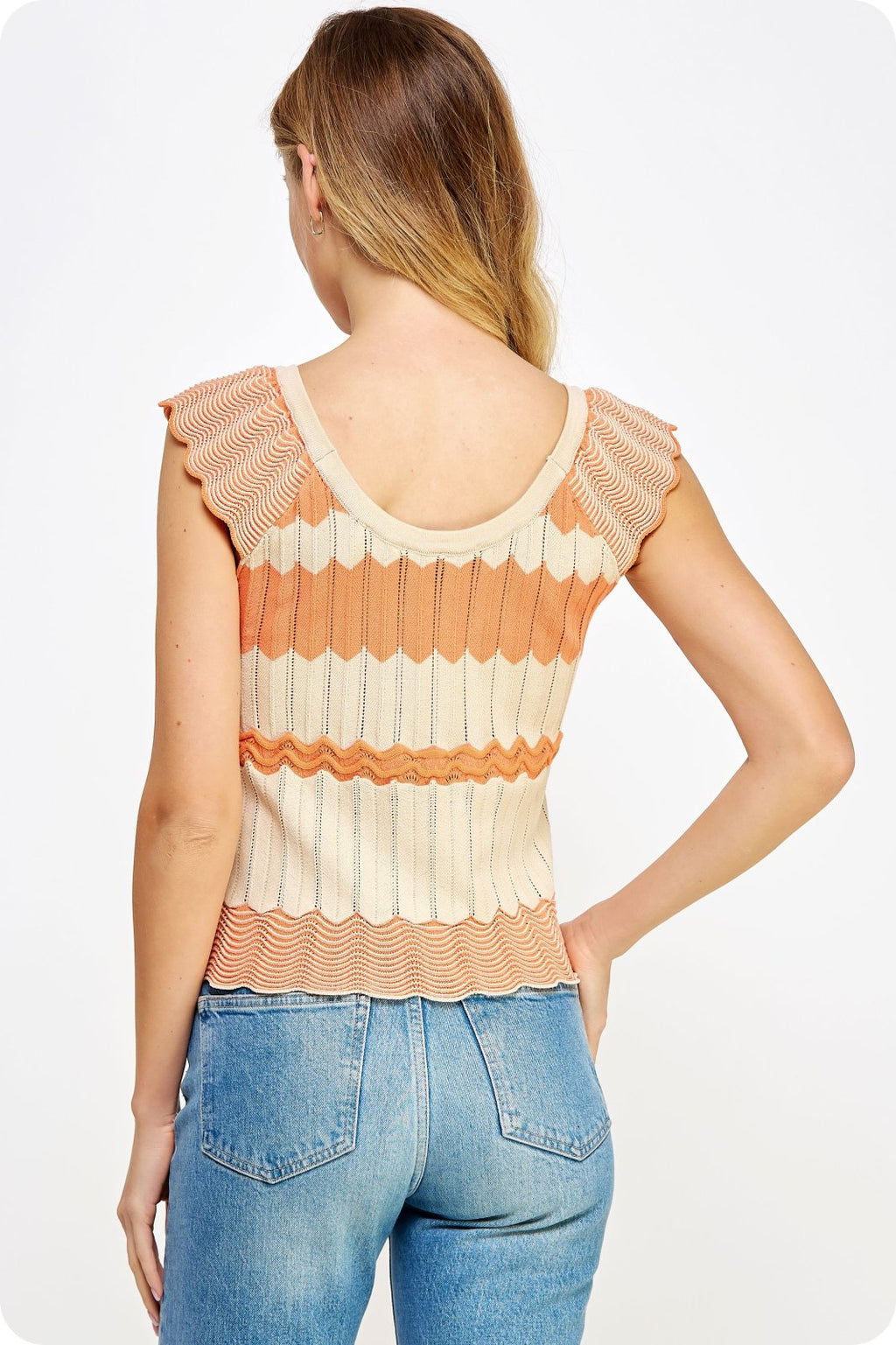 SWEET OATMEAL/CANTALOUPE TOP featuring scalloped edges in mixed stretch knit, ideal for vacation wardrobe and summer outfits Texas.