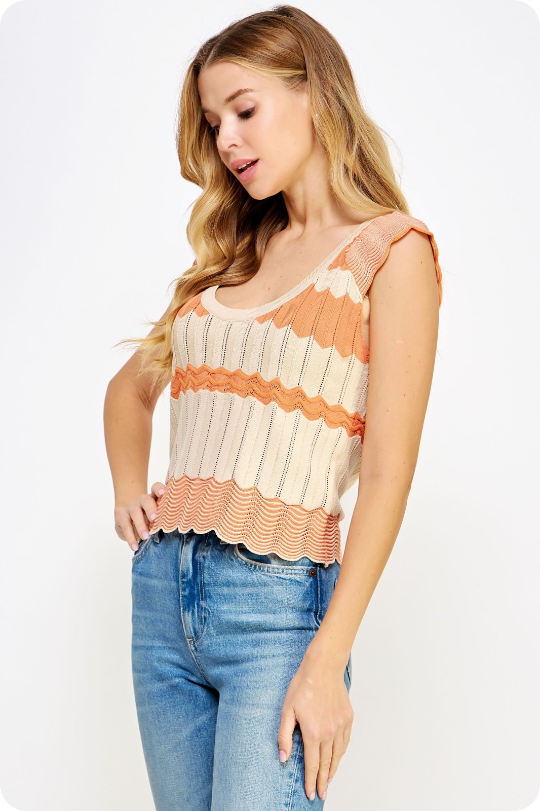 Model wearing SWEET OATMEAL/CANTALOUPE TOP from Raggdoll Boutique, showcasing a trendy coastal style.