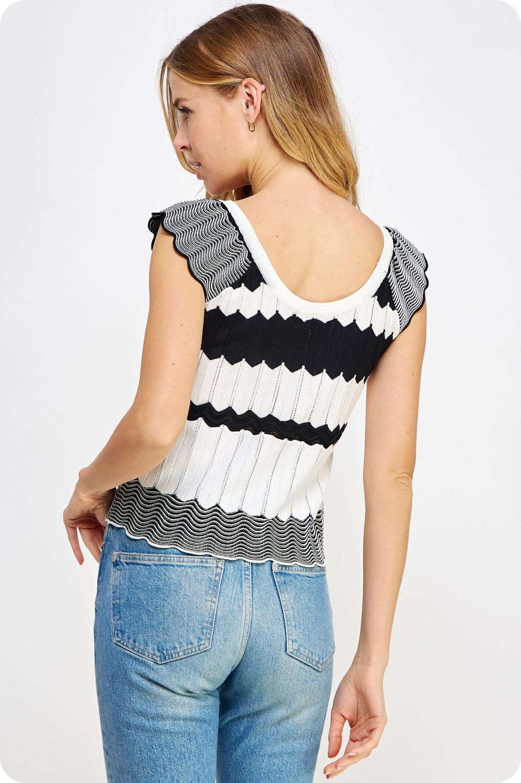 SWEET BLACK/ECRU TOP showcasing textured scallop pointelle design and scoop neckline, available at Raggdoll Boutique.