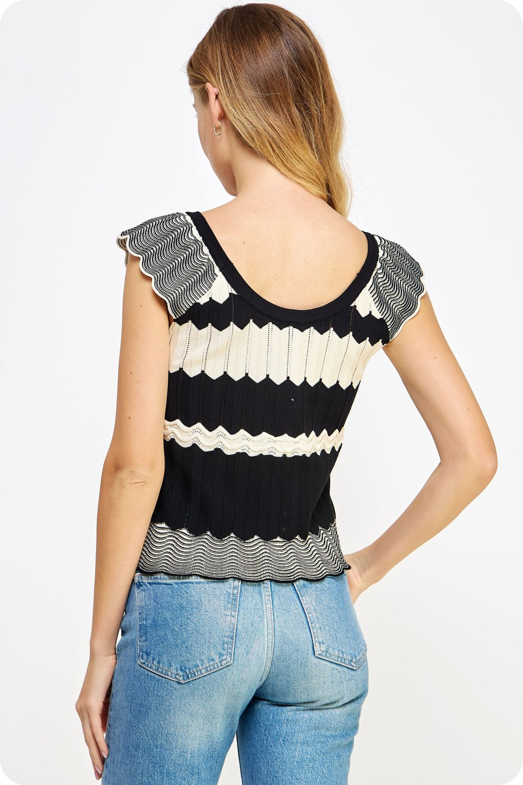 SWEET OFF WHITE/BLACK textured scallop pointelle top with mixed knit fabric from Raggdoll Boutique.