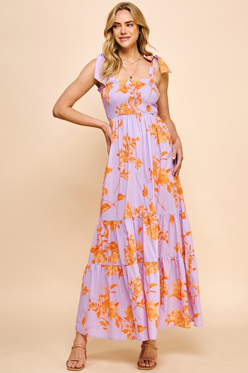 Evelyn Dress from Raggdoll Boutique features floral tiered maxi design with tie shoulder straps, perfect for summer outfits Texas.
