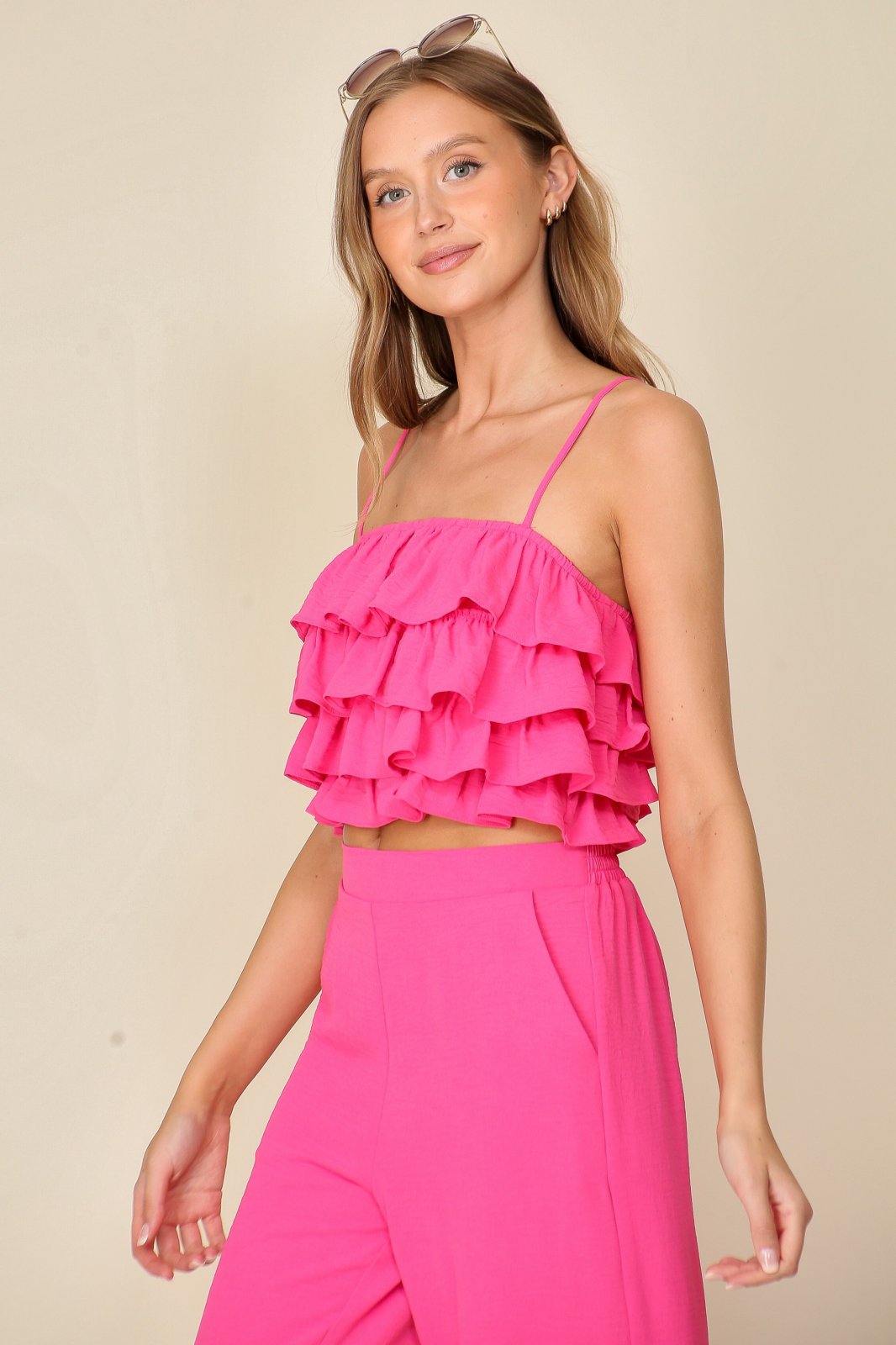 Bridgette 2Piece Set with ruffle-tiered crop top and matching pants from Raggdoll Boutique, perfect for summer outfits Texas.