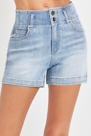 High rise denim shorts for women in light wash. Ideal for coastal boutique clothing and stylish summer outfits.