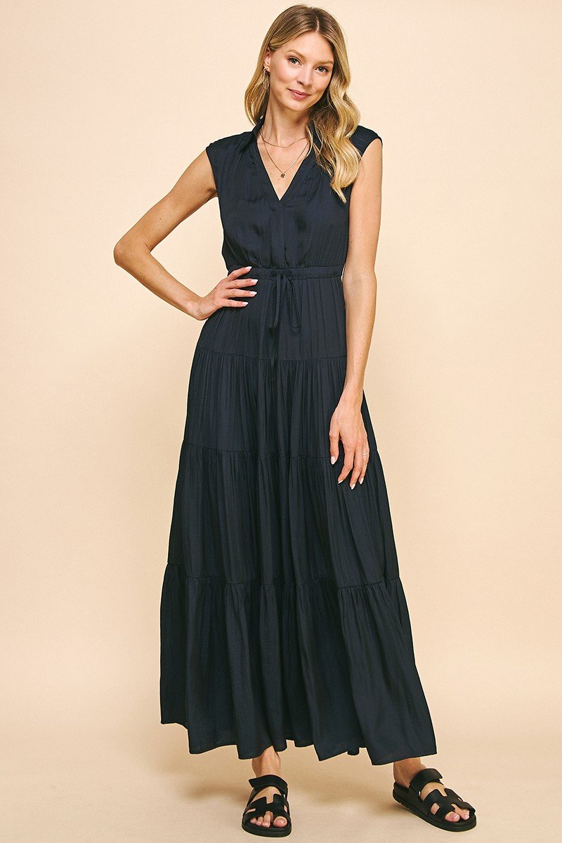Gorgeous navy-ink maxi dress with collar and elastic waistband, perfect for coastal boutique clothing and tropical vacations.