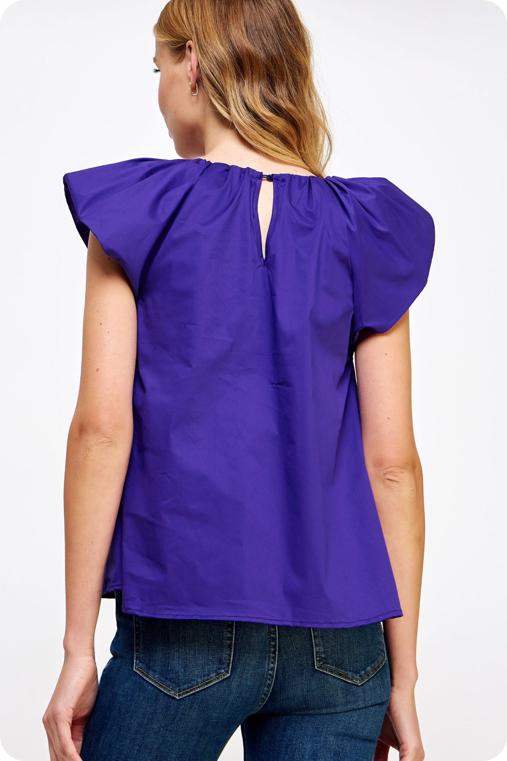 V Neck puff short cap sleeve blouse in purple, the Tiffany Top, from Raggdoll Boutique, perfect for summer outfits Texas.