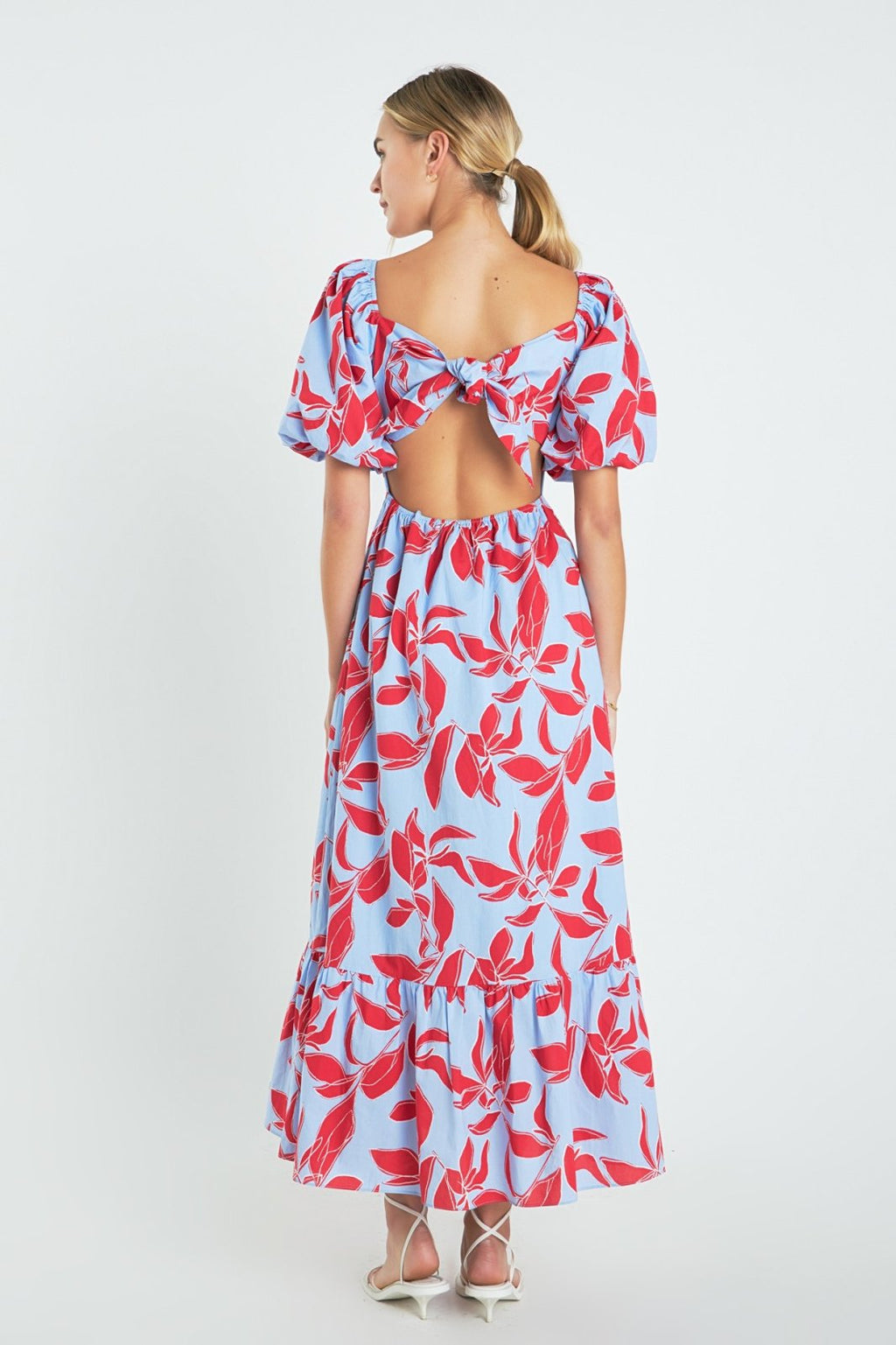 Stylish back view of a floral Perfect Brunch Dress from a coastal boutique, ideal for tropical vacations and curvy plus size fashion.