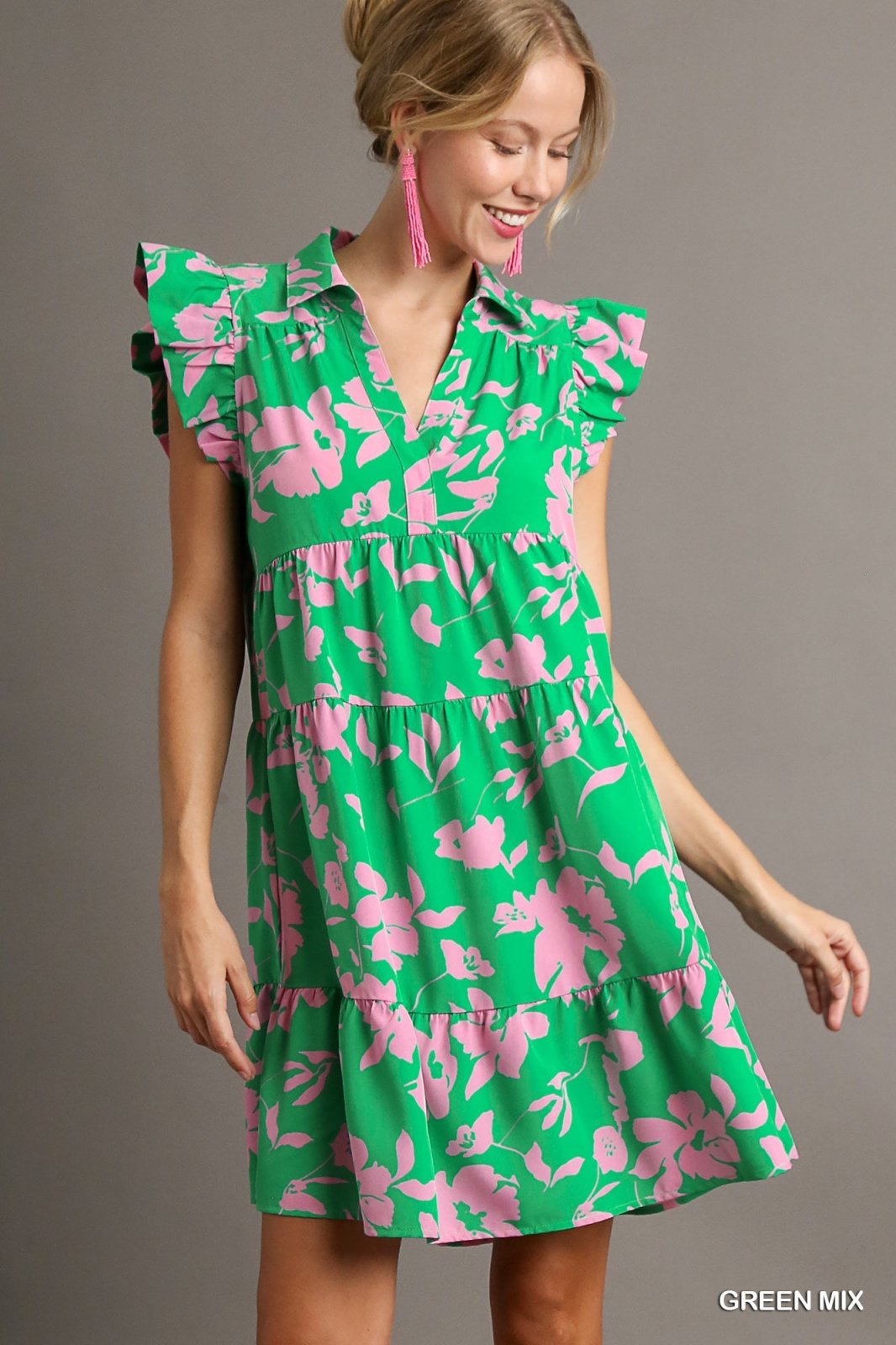Liz Dress from Raggdoll Boutique, trendy coastal style in green floral design, perfect for summer outfits Texas.