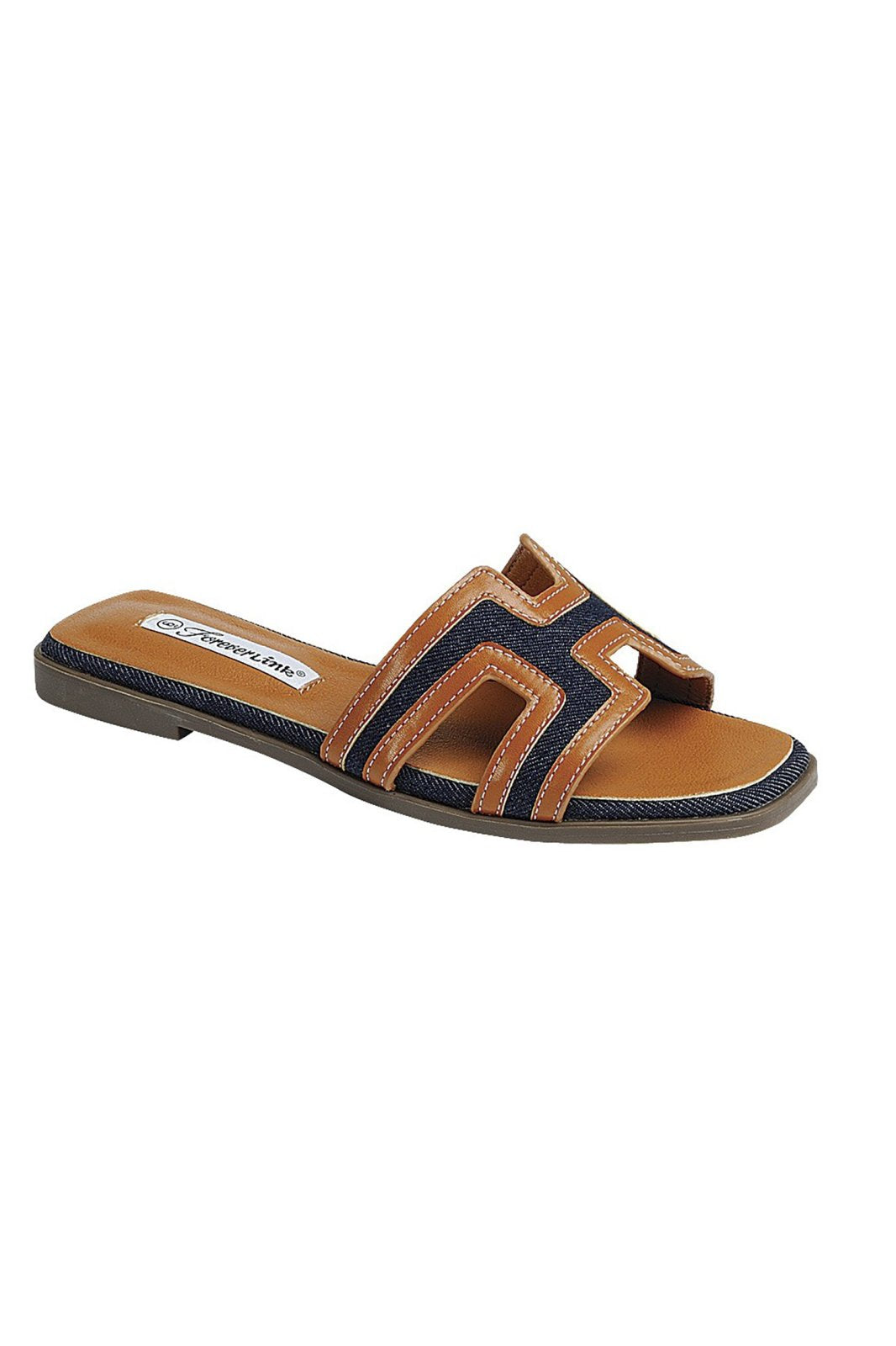 DENIM-TAN SLIDE open square toe casual slide flat sandals from Raggdoll Boutique, perfect for trendy coastal style.