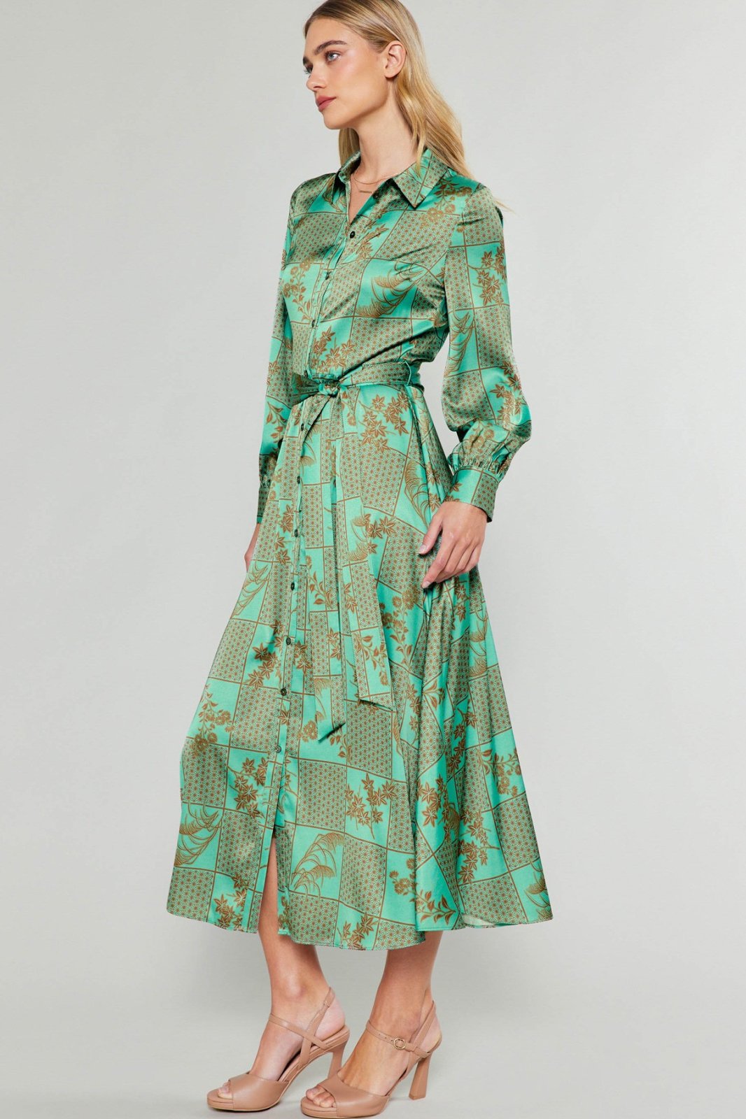 Jules Dress in green pattern, stylish shirt dress perfect for tropical vacations, from Port Aransas boutique, curated women's fashion.