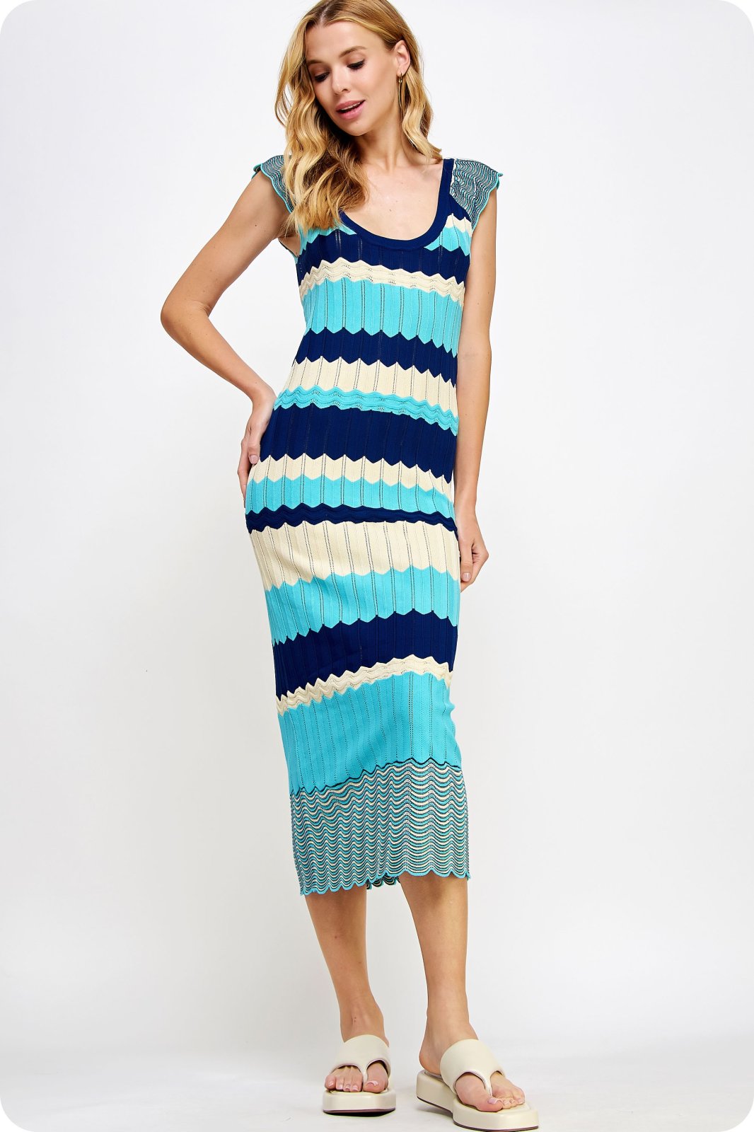 Melissa Dress showcasing textured scalloped design in blue and white, perfect for summer outfits Texas at Raggdoll Boutique.
