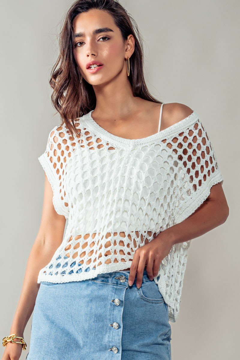 Stylish WHITE CROCHET TOP from Raggdoll Boutique, perfect for trendy coastal style and summer outfits Texas.