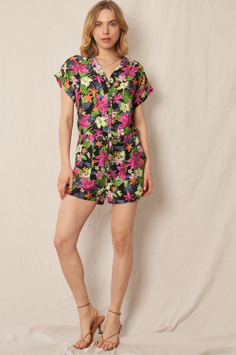 FUN FLORAL ROMPER BLACK/MAGENTA from Raggdoll Boutique, trendy coastal style for summer outfits in Texas.