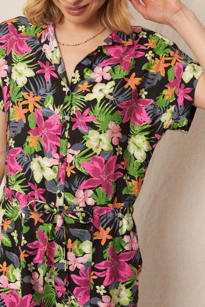 FUN FLORAL ROMPER BLACK/MAGENTA from Raggdoll Boutique, perfect for summer outfits in Port Aransas.