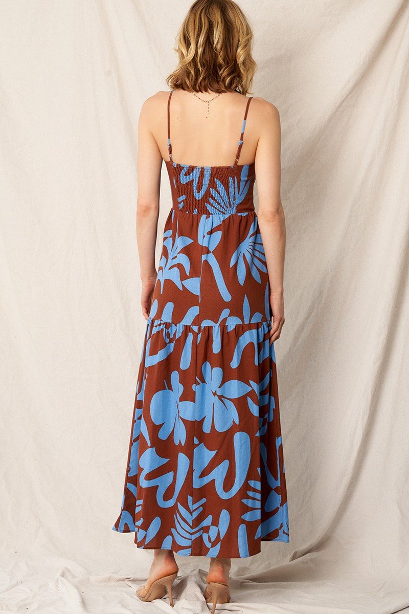 ABSTRACT PRINT MAXI BROWN/BLUE women’s dress from Raggdoll Boutique, trendy coastal style, perfect for summer outfits Texas.