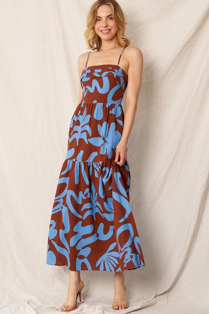 ABSTRACT PRINT MAXI BROWN/BLUE dress from Raggdoll Boutique featuring trendy coastal style for summer outfits in Texas.