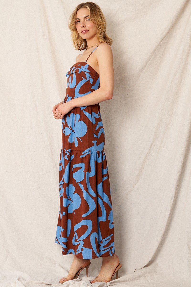 ABSTRACT PRINT MAXI BROWN/BLUE from Raggdoll Boutique, perfect for trendy coastal style and summer outfits Texas.