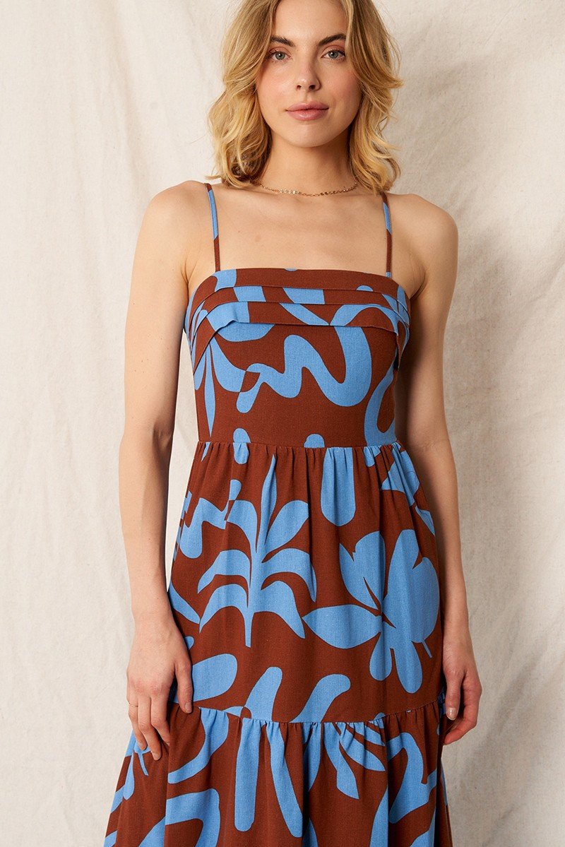 ABSTRACT PRINT MAXI BROWN/BLUE dress from Raggdoll Boutique, trendy coastal style for summer outfits in Texas.