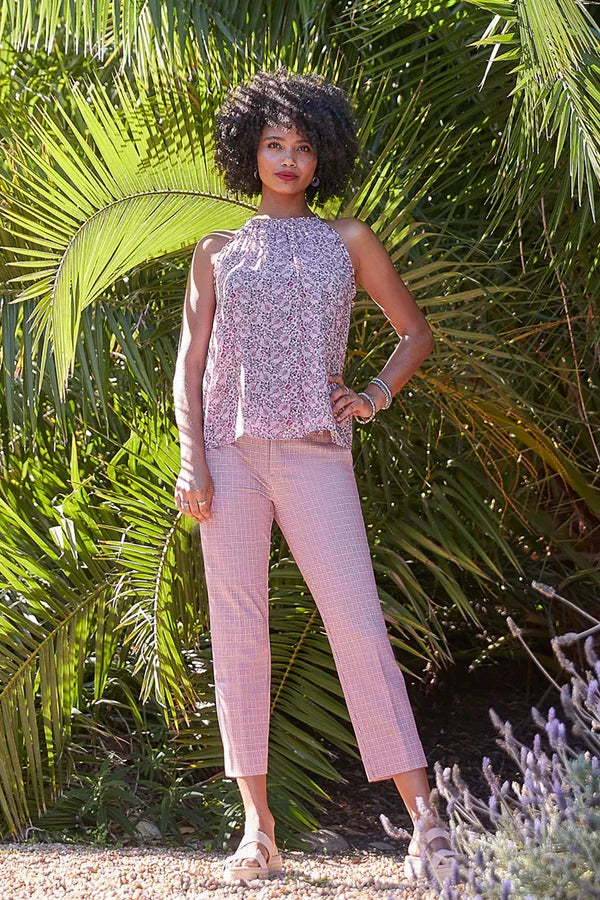 LIVERPOOL WILDFLOWER DITSY HALTER-STYLE TOP worn with trendy pants, perfect for summer outfits Texas from Raggdoll Boutique.