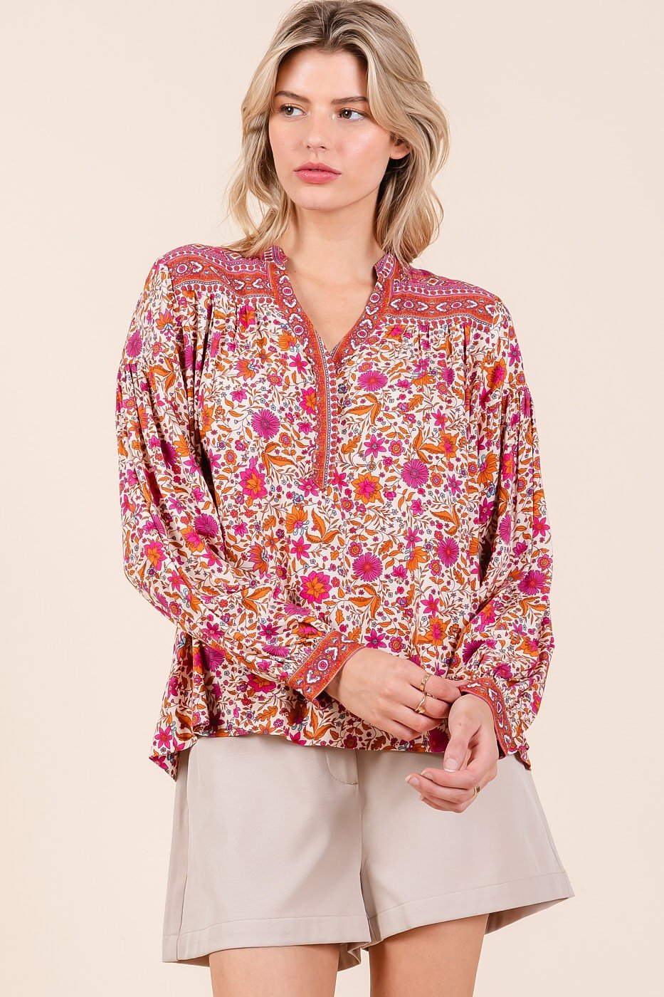 Orange and Pink Floral Border Top from Raggdoll Boutique, perfect for summer outfits Texas and trendy coastal style.