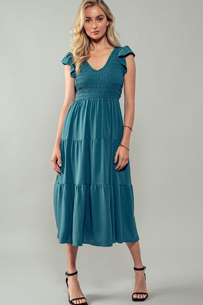 TEAL SMOCKED BODICE TIERED MIDI DRESS from Raggdoll Boutique, trendy coastal style for summer outfits Texas.