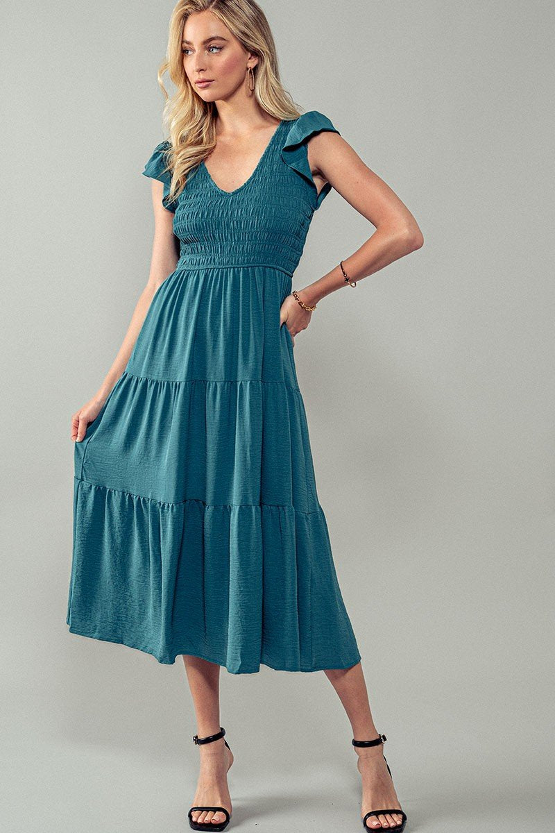 TEAL SMOCKED BODICE TIERED MIDI DRESS from Raggdoll Boutique for trendy coastal style.
