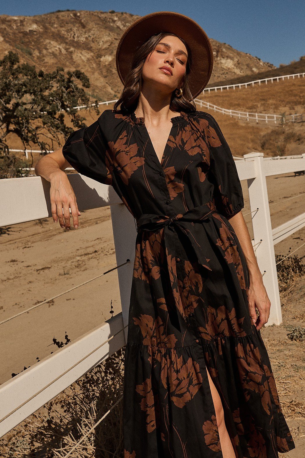 Celina Floral Wynette Tiered Midi Dress in bold colors, perfect for coastal boutique clothing and tropical vacations.