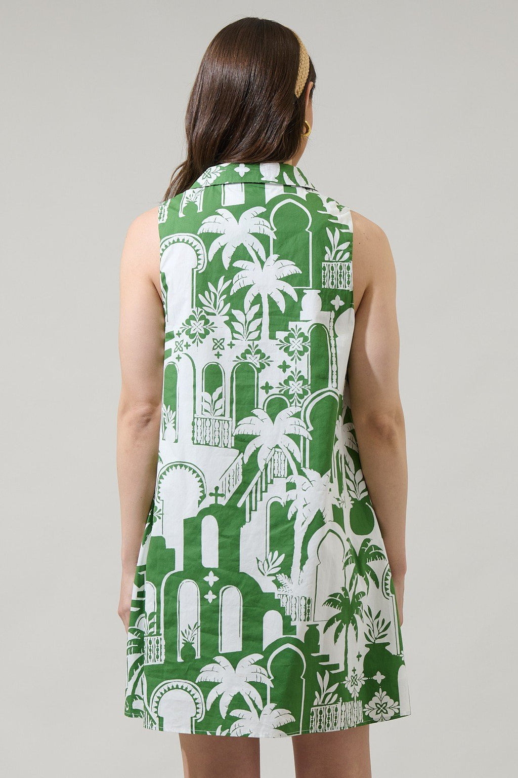 Back view of Lexi collared shift mini dress in green and white print, perfect for coastal boutique clothing and beach dresses.