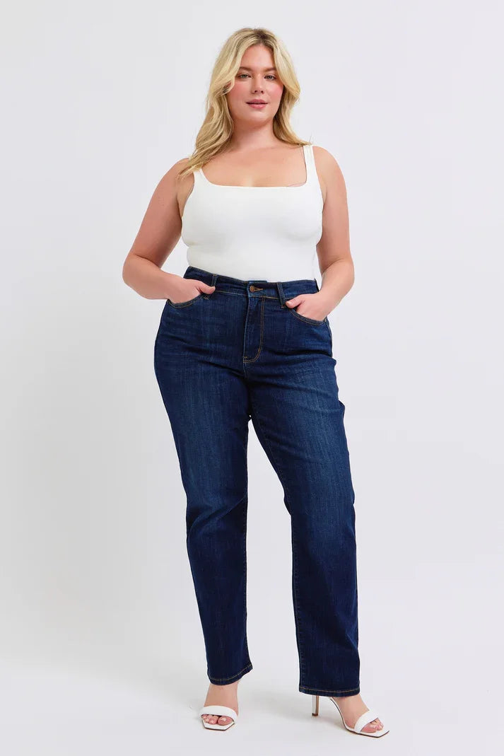 JUDY BLUE high waisted straight jeans, a stylish addition for curvy women at our Port Aransas boutique.