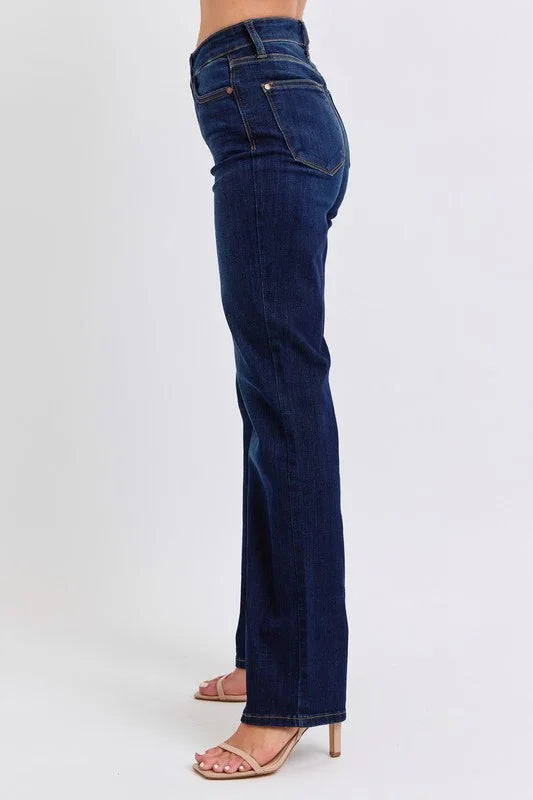 High waisted straight denim jeans from JUDY BLUE, showcasing a stylish fit, perfect for a coastal boutique clothing look.