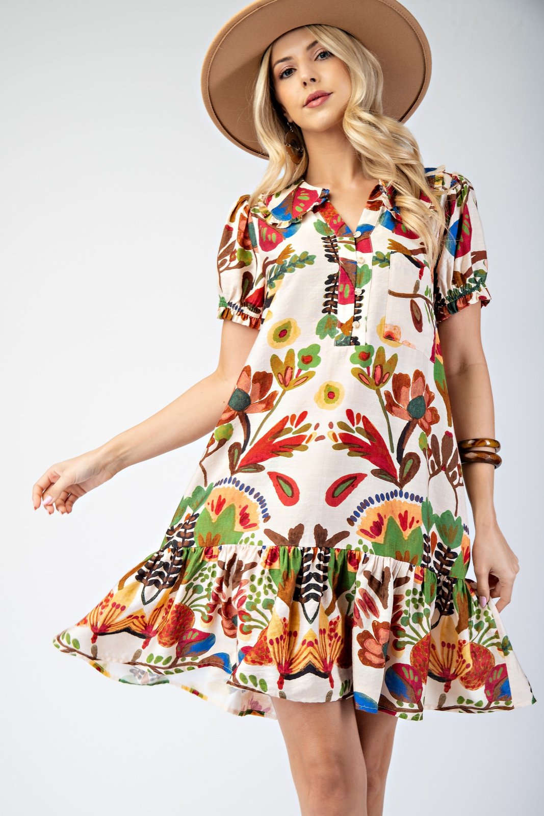 Floral print Katie Dress, perfect for coastal boutique clothing and tropical vacation dresses. Stylish for every occasion.