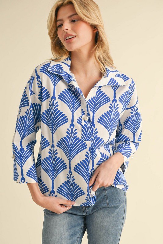Gretchen Top in vibrant royal blue print, perfect for coastal boutique clothing and stylish tops for women.