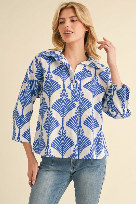 Gretchen Top in royal blue print, a stylish addition to coastal boutique clothing and curvy plus size fashion.