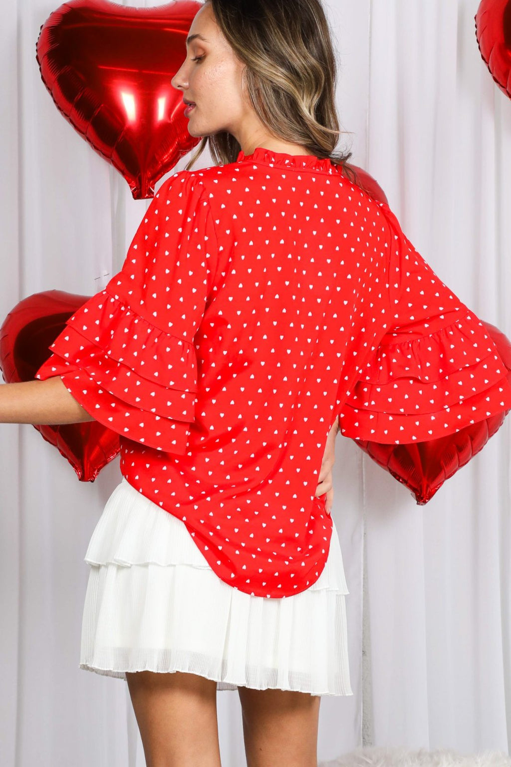 Stylish red polka dot Hearts Top, perfect for coastal boutique clothing and tropical vacation dresses. Ideal for curvy women.