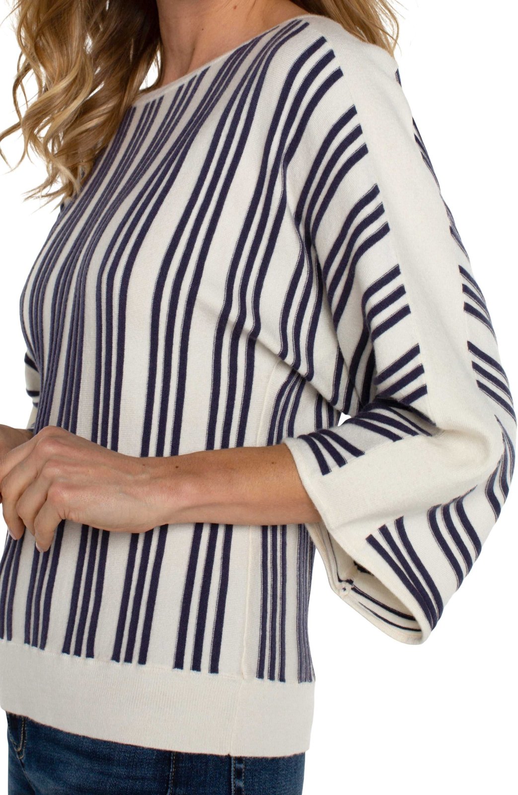Liverpool cream and navy striped dolman sweater, perfect for stylish fall outings, featured in a coastal boutique clothing collection.