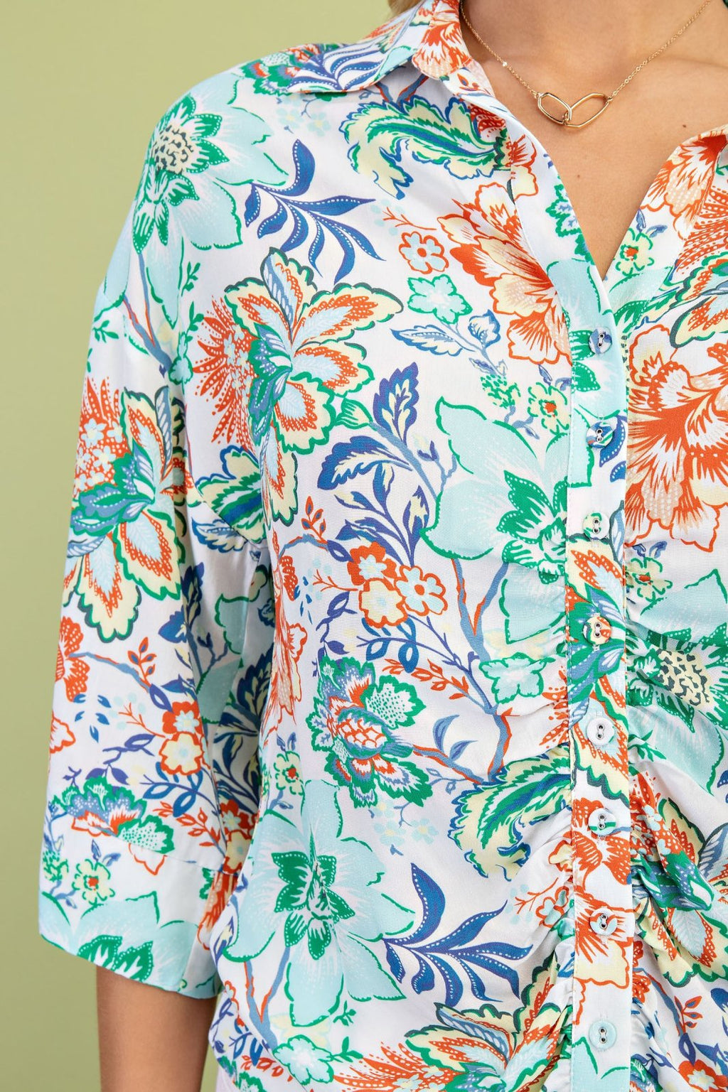 Mint Mixed Floral Button Front-Top for women, perfect for beach dresses at a Port Aransas boutique, stylish and tropical.