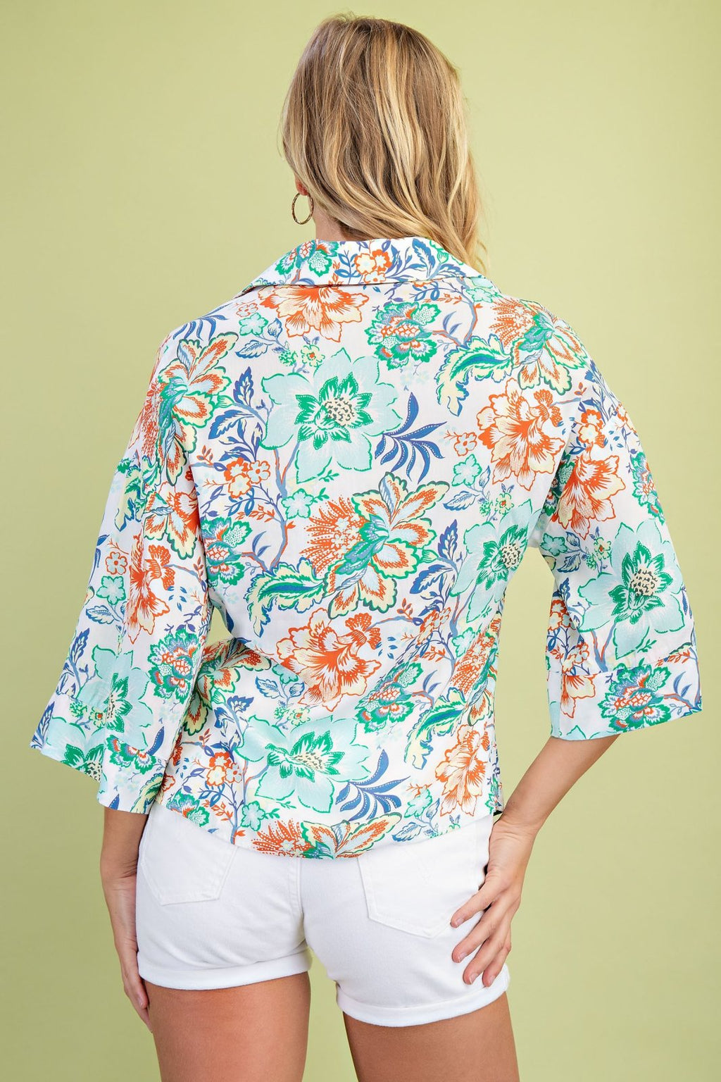 Mint Mixed Floral Button Front-Top; stylish women's top from coastal boutique clothing, perfect for tropical vacations.