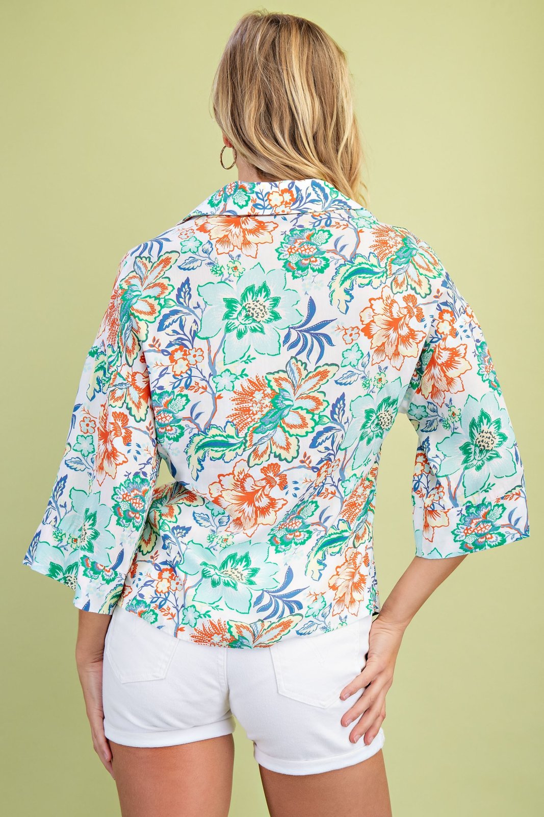 Mint Mixed Floral Button Front-Top; stylish women's top from coastal boutique clothing, perfect for tropical vacations.