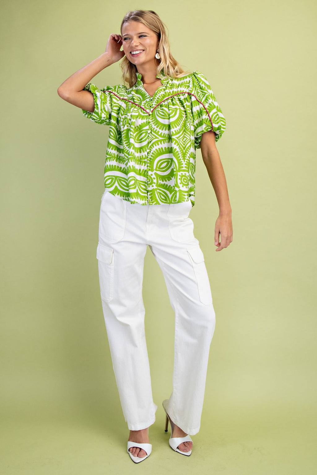 Stylish Mazey Green Top with vibrant pattern, perfect for coastal boutique clothing and tropical vacation outfits.