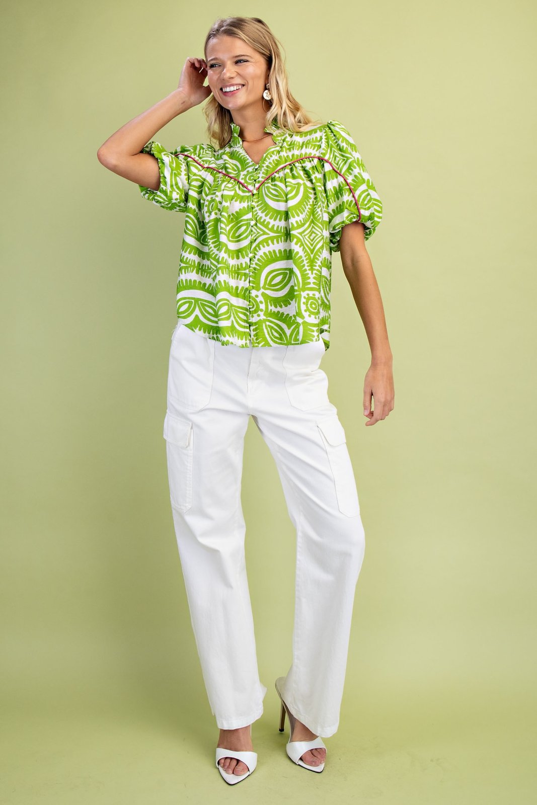 Stylish Mazey Green Top with vibrant pattern, perfect for coastal boutique clothing and tropical vacation outfits.