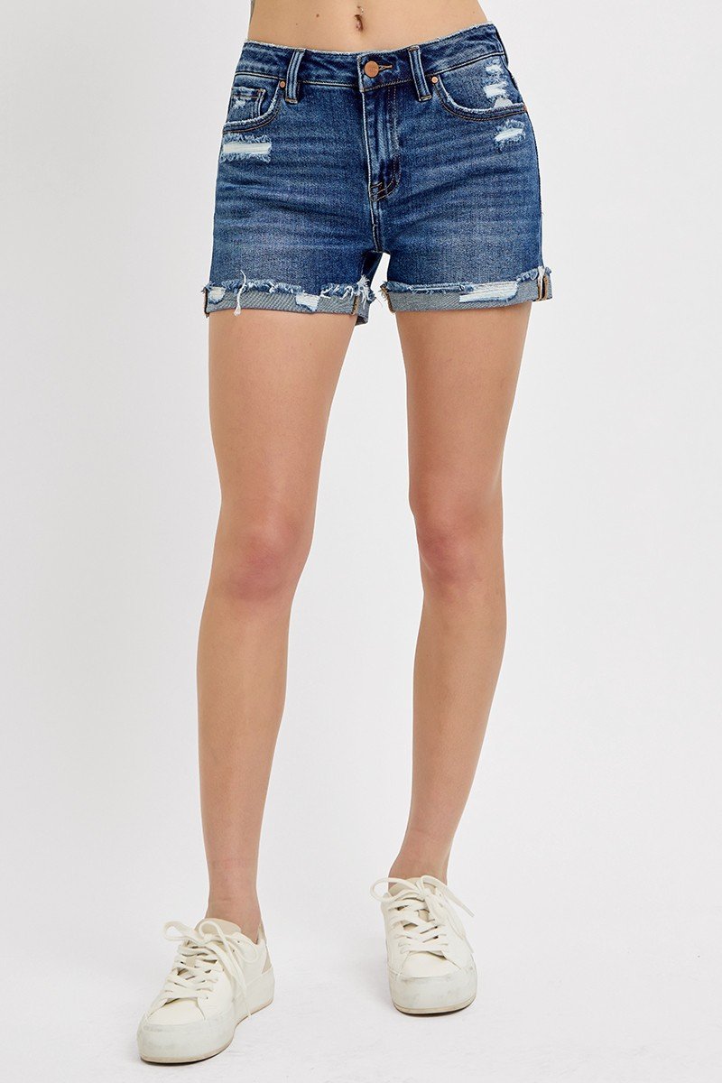 Risen Dark Mid-Rise Cuffed Shorts, stylish women's bottoms for summer, perfect for beach dresses and coastal boutique clothing.