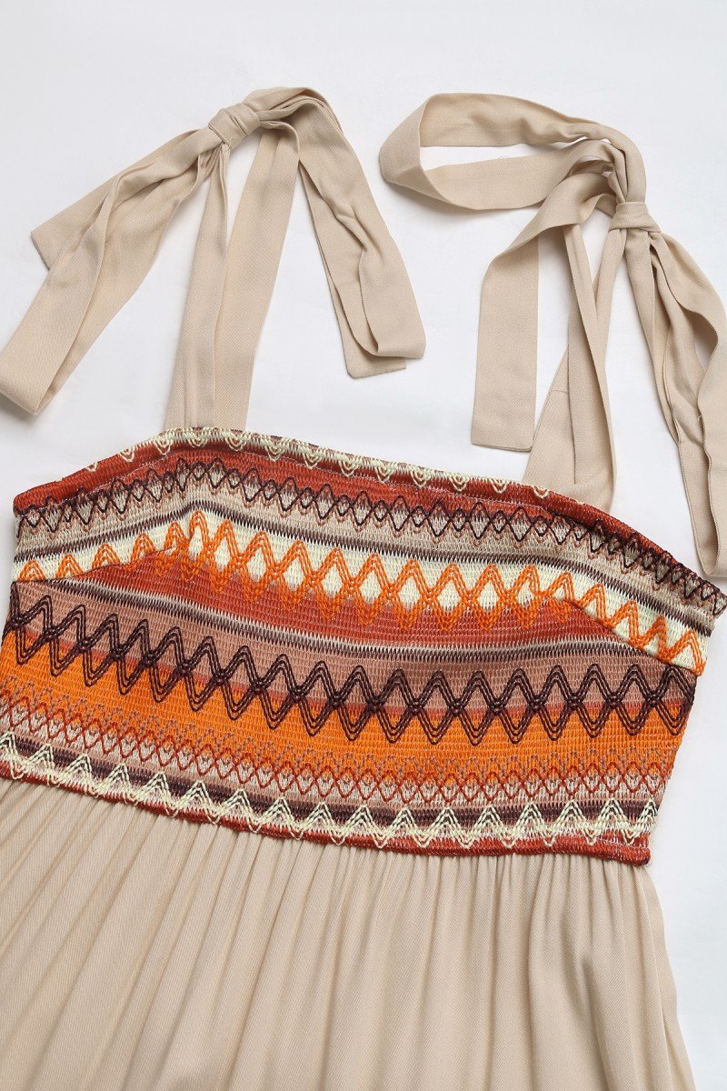 Beige Tied Shoulder Strap Aztec Print Dress, perfect for coastal boutique clothing and tropical vacation dresses.