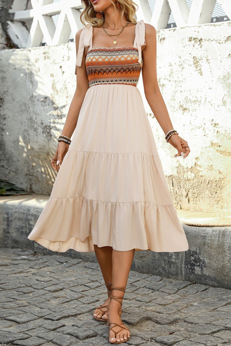 Beige tied shoulder strap Aztec print dress, perfect for beach days and tropical vacations, from coastal boutique clothing.